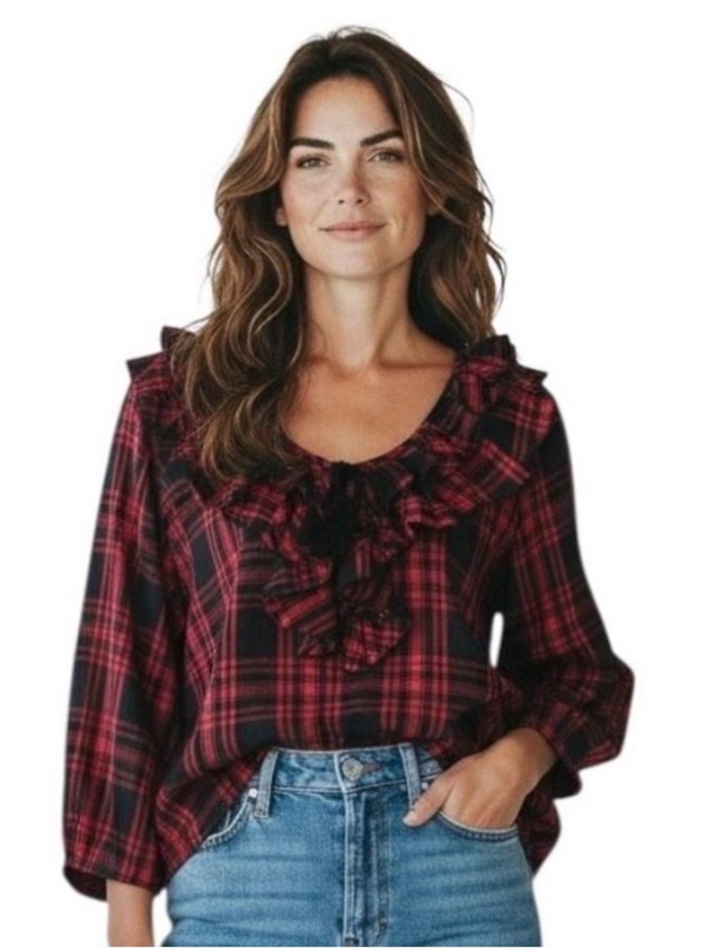 Womens Red Plaid Ruffle Neck Long-Sleeve Top Denim & Supply Ralph Lauren